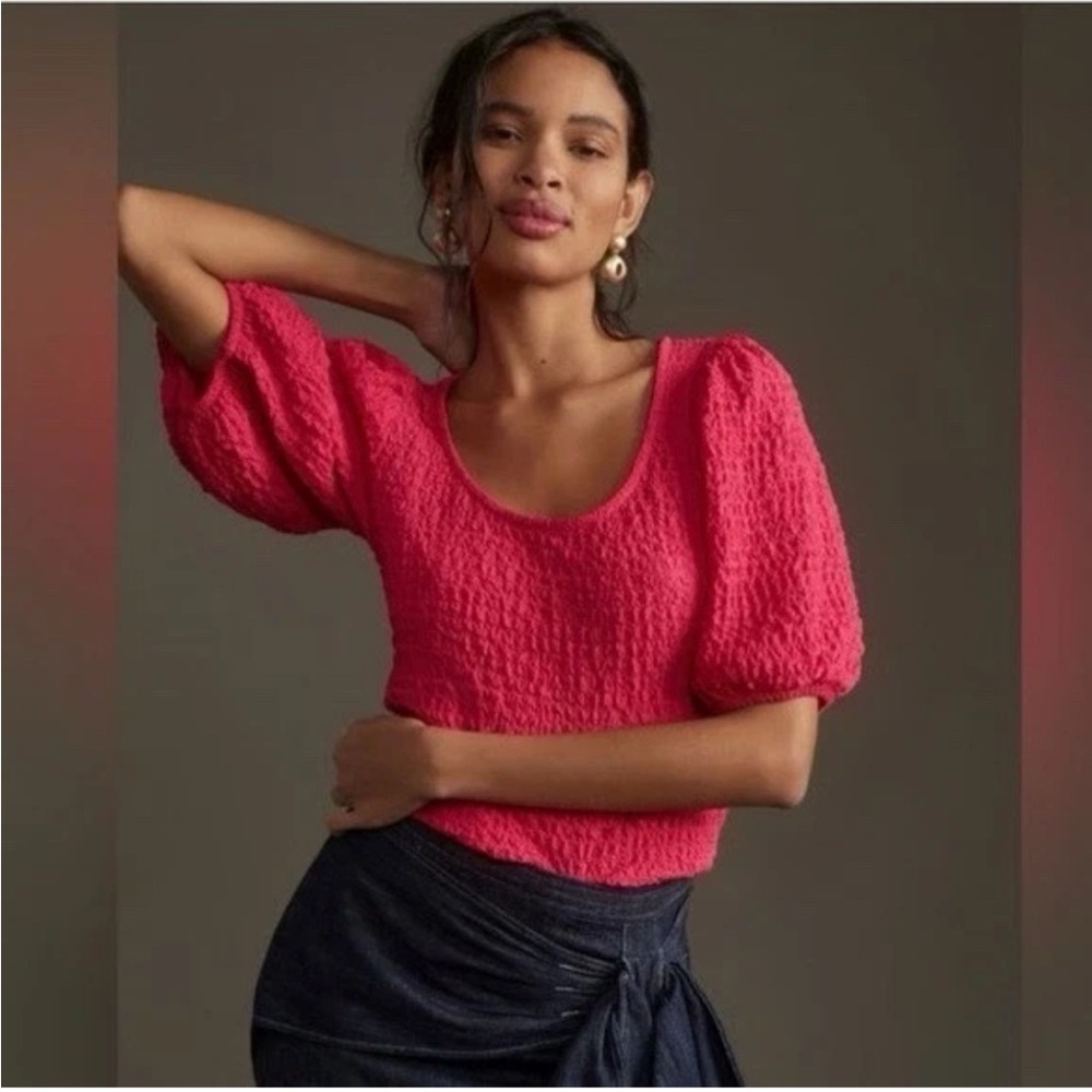 ANTHROPOLOGIE MAEVE Coquette Hot Pink Textured Puff Sleeve Blouse Size M